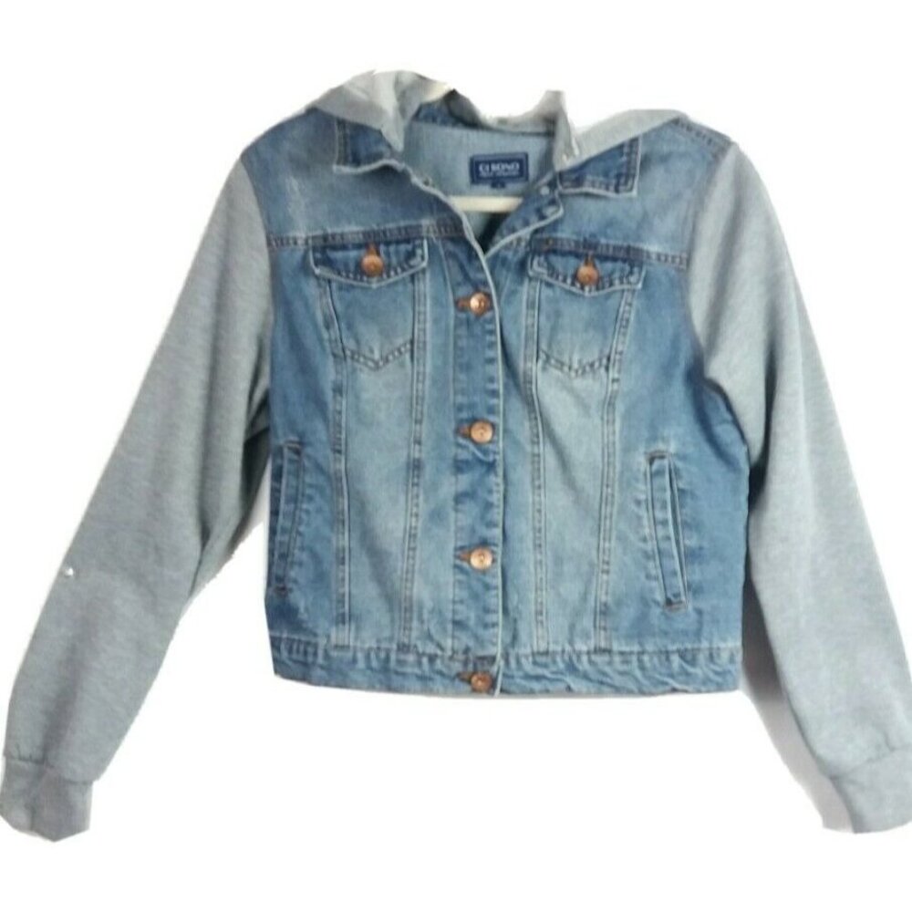 Juniors Ci Sono Hooded Jean Jacket Size Lg Blue Distressed Removable Hood